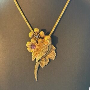 Vintage Bird Floral Huge Pendant Necklace Gold Tone Snake Chain Rhinestones READ